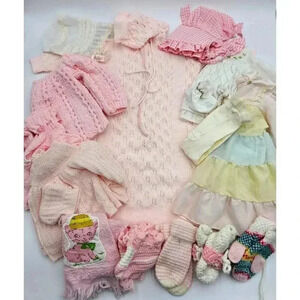 Vtg Lot of Baby Girl Pink Knitted Sweaters, Dress, & Accessories Various Brands
